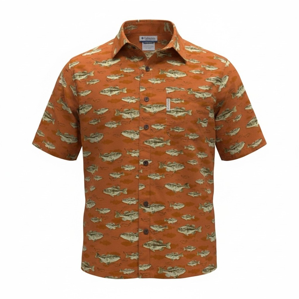 Button Down Shirt Columbia Large Mens Orange Excellent Bass Fish Print Cotton